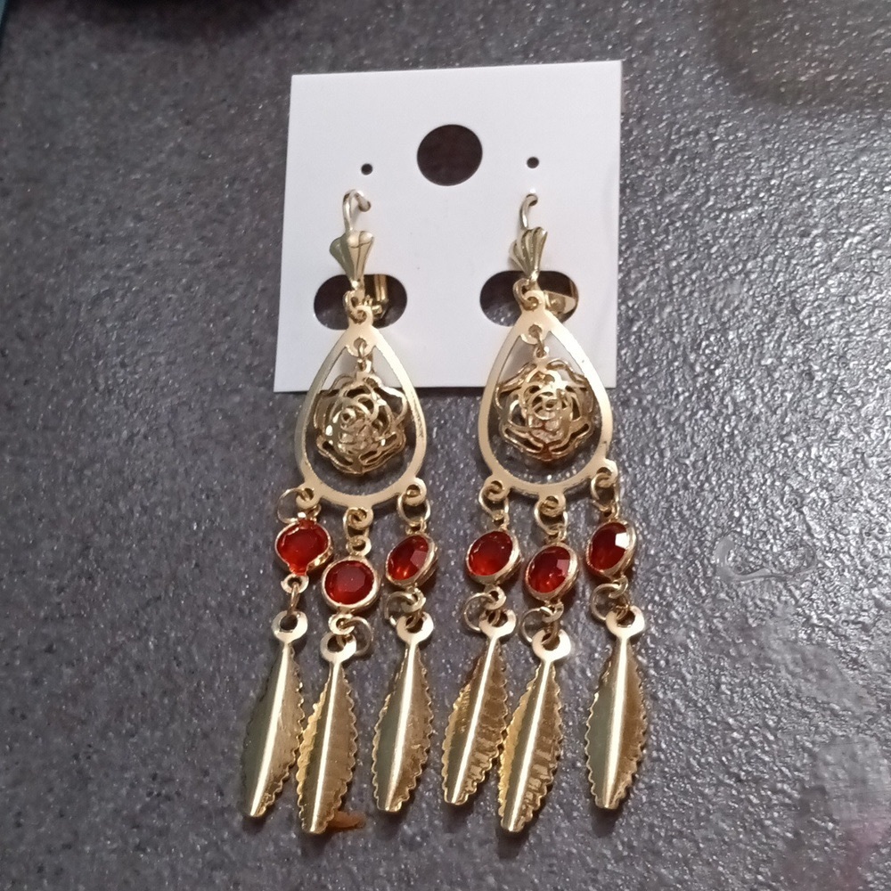 Gold and Red Dangle Earrings